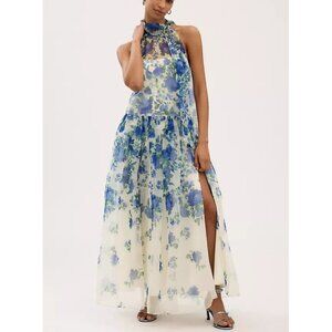 BHLDN Kendall High Neck Scarf Floral Organza Maxi Dress Womens L Elegant Formal